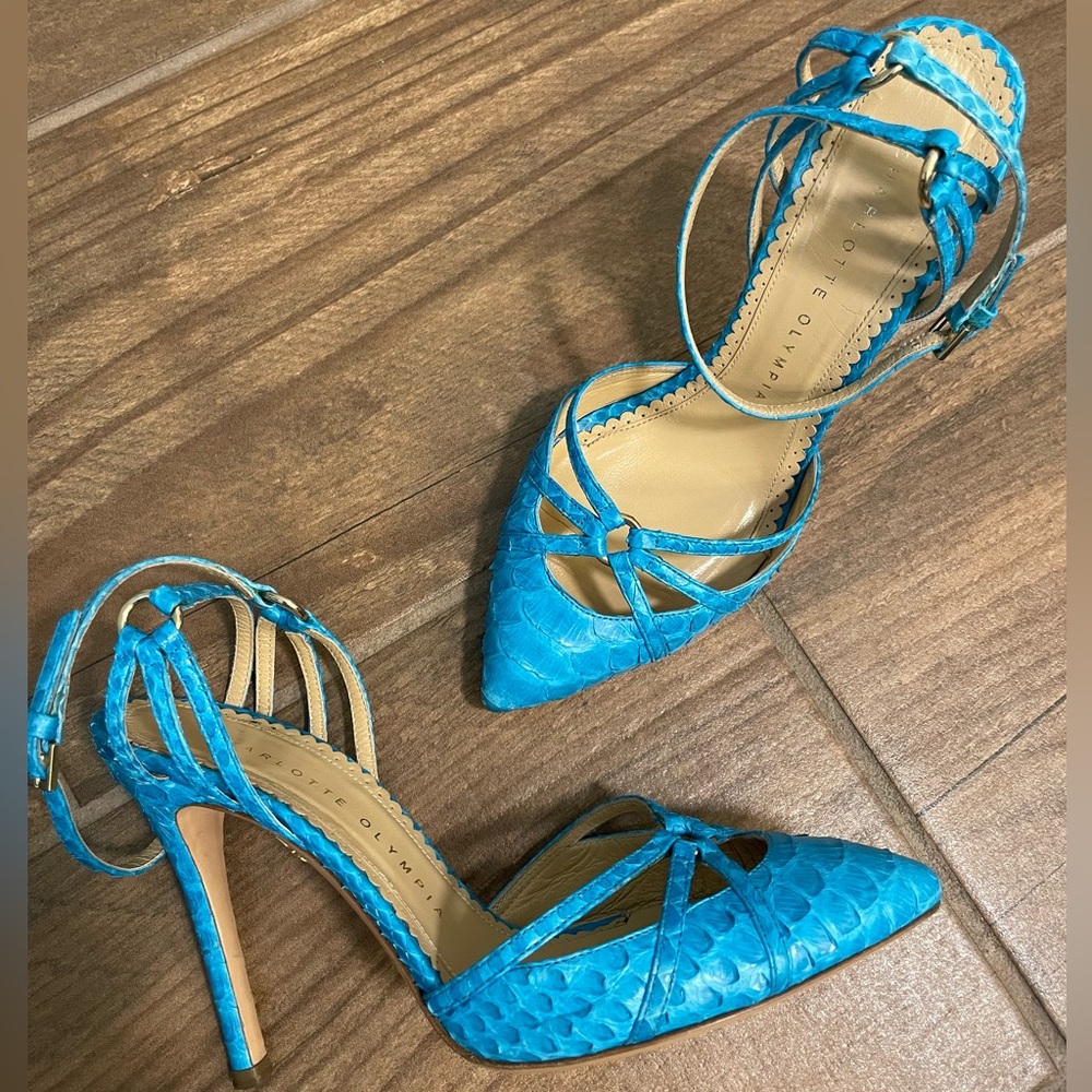 Charlotte Olympia Minx Turquoise Heels Pumps Ankle Strap Cutout Vamp Blue 34 4